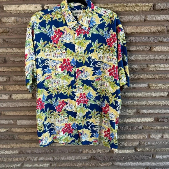 Campia Moda Vintage Hawaiian Floral Landscape 100% Rayon Camp Shirt Size Medium - Picture 5 of 7